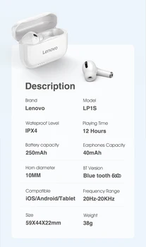 Lenovo LP1S Bluetooth Austiņas Bezvadu Austiņas HD Stereo trokšņa slāpēšanas Sporta TWS Earbuds HiFi Ar Mic bluetoothe earbuds