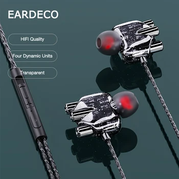 EARDECO Pārredzamu Četrkodolu Telefona Austiņas Earbuds Vadu Austiņas In-ear 3.5 mm Mobilo Austiņas Ar Mic Bass Hifi Austiņas
