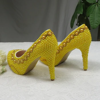 BaoYaFang Zelta Krelles, Pērļu sieviešu kāzu kurpes Līgava Augstiem papēžiem kurpes dāmas liela izmēra puse kleita kurpes sieviete Platformas kurpes