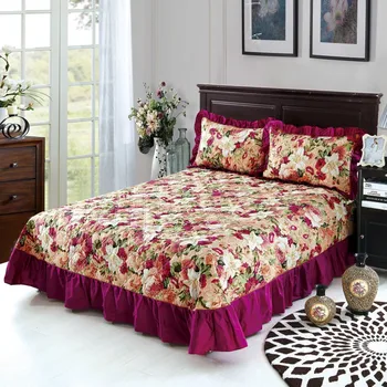 Mājas Tekstila gultas Pārklājs ziemas stepēts gultas pārklājs Ruffles spilvendrāna kokvilna stepēts bedskirt Luksusa Ziedu Amerikāņu bed cover