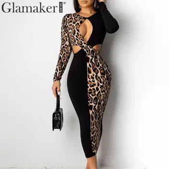 Glamaker Dobi no leopards drukāt midi kleita Sievietēm o kakla augsta vidukļa pavasara kleita Vasaras seksīga, elegants puse kluba vintage kleita