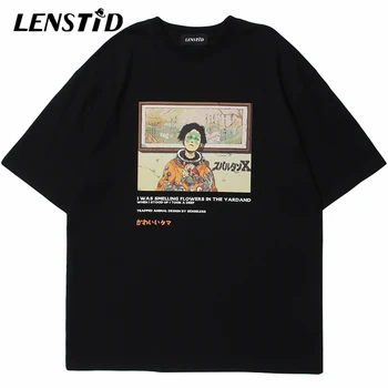 LENSTID Vasaras Vīriešiem ar Īsām Piedurknēm Tshirts Hip Hop Japāņu Kanji Anime Print T-Krekls Streetwear Harajuku Gadījuma Kokvilnas Topi, t-veida