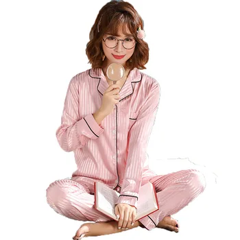 Sieviešu pidžamas zīda svītrainām garām piedurknēm jaka pavasara un rudens rozā vasarā 2-gabals, seksīgas pidžamas mājās pakalpojums