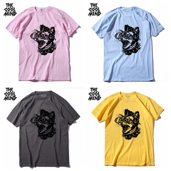 COOLMIND kokvilnas ikdienas īsās piedurknes kaķis drukāt vīriešu T krekls atdzist vasaras zaudēt vīriešu t krekls o-veida kakla vīriešu t-krekls vīriešu tee krekli