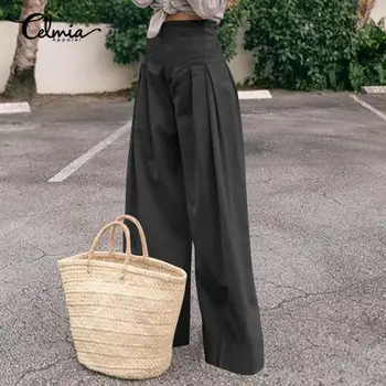 Vintage Augsta Vidukļa Plaša Kāju Bikses Celmia Sieviešu Modes Rāvējslēdzēju Gadījuma Bikses Vaļīgas Kroku Cietā Pantalon Femme Plus Izmēra 5XL