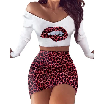 2020 Sievietēm Komplekti Sexy Svārki 2 Gabals, kas garām Piedurknēm Kultūraugu Top Leopards Drukāt Bodycon Mini Svārki Apģērbs Puse Klubs Divas Gabals SJ6484V