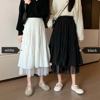 FINEWORDS Pavasara Vintage korejas Elegants Stils Balti Svārki Gadījuma Elastīga Vidukļa Līnija Svārki Streetwear Ilgi Midi Augsta Vidukļa Svārki