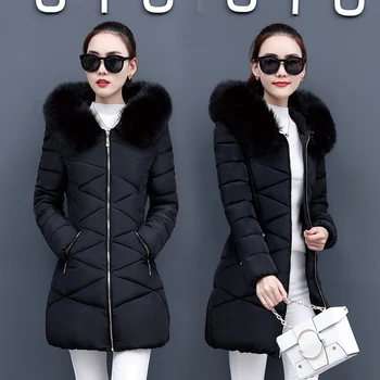 Ir 2021. ziemas jaunas kokvilnas-polsterēta jaka sievietēm korejiešu versija, karstā stila vidēja garuma lielas kažokādas apkakles biezs mētelis slim novājēšanu co