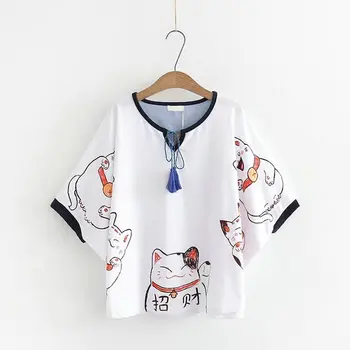 Sieviešu T krekls Karikatūra Kaķis drukāt Aukliņu Femme Ķīniešu Stilā Plats Piedurknēm ar Īsām Piedurknēm Vasaras Topi Brīvs Tee YUPINCIAGA