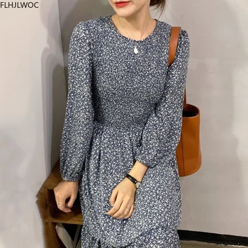 Korejas Šiks Modes Apģērbu Jauns Dizains Ar Garām Piedurknēm, Elegants Lady Sieviešu Rudens Līnijas Saspringts Krūtīm Ziedu Drukā Ilgi, Vintage Kleita