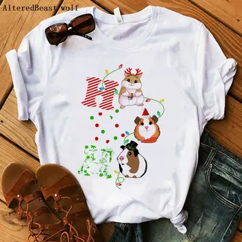 Ziemassvētku jūrascūciņu dāvanu karikatūra izdrukāt kawaii T-Krekls Sieviešu apģērbu gadījuma smieklīgi balts krekls ar īsām piedurknēm, sieviešu Topi vogue