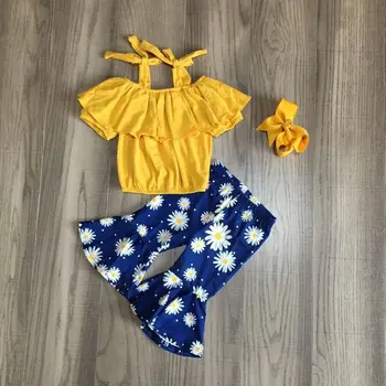Baby Girl vasaras kapri komplekts meitenēm cietā dzeltenā top ziedu zvaniņu-dibeni elsas meiteņu apģērbs ar loku
