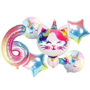 6pcs Varavīksnes Vienradzis Kaķis Folijas gaisa balons 32inch Gradientu, krāsu Skaits ballon Dzimšanas dienu, Kāzu Dekorēšana piederumi Bērnu Duša