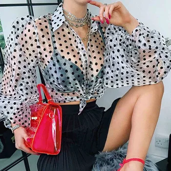 Ir 2021. Elegants Modes Sieviešu Gadījuma T Krekls Polk Dot Perspektīvu Milzīgais Acs Laternu Sexy Dāmas Ar Garām Piedurknēm Pogas Topi Blusas #24