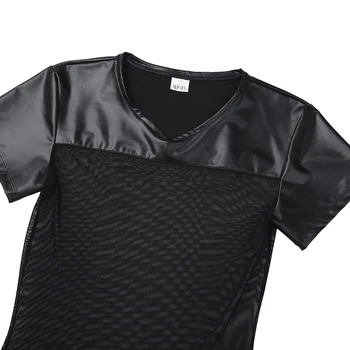 IEFiEL Modes Mens Nakts Puses Clubwear Mākslīgās Ādas Acu Fishnet Top Skatīt caur Moto T-Krekls Vīriešiem Apģērbs, t-veida, Kostīmi