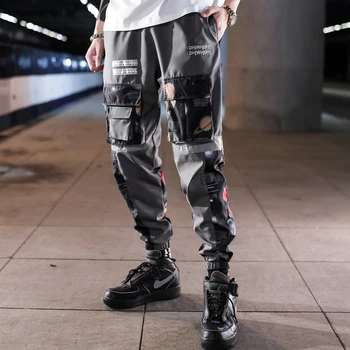 Jaunas Rudens Modes Harajuku Lielas Kabatas Gadījuma Hip Hop Kombinezons Sporta Streetwear High Street Harēma Elastīgs Viduklis Kravas Bikses