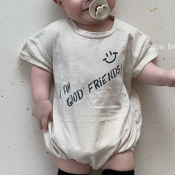 Jaundzimušo Bodysuits Vasaras Bērnu Apģērbu Cute Smaidošās Drukāt Baby Girl Bodysuit Toddler Zīdaiņu Jumpsuit Un Galvas Stīpa