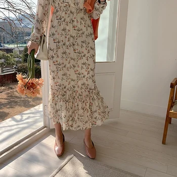Elegants Ruched Ziedu Drukāt Sieviešu Rudens Kleita Sexy V-neck Pilnu Piedurknēm Sieviešu Garās Kleitas 2021. Gada Pavasarī Šifona Vestidos