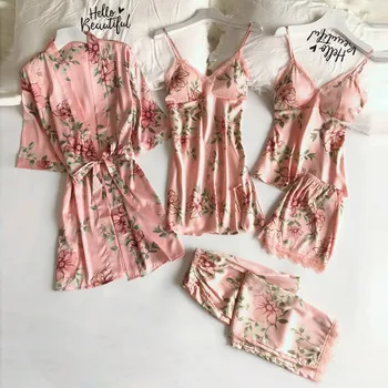 5PC Sieviešu Pidžamas Komplekti Sexy Mežģīņu Satīna Drēbes Peldmētelis Bikses Šorti Apakšveļa, Pidžamas Komplekts Sleepwear Ar Krūšu Spilventiņi 2020 #3