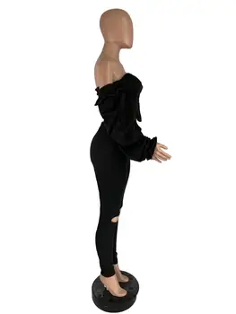 Fitnesa Black Tracksuit Sieviešu Lounge valkāt Puff Piedurknēm Nelikumīgu Kultūru Top ar Caurumu Stulpiņi Bodycon Divas Gabals, kas Sieviešu Apģērbs