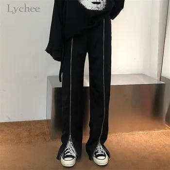 Līčija Harajuku Melnu Rāvējslēdzēju Sieviešu Biksēm Elastīgs Viduklis Taisnas Bikses Modes Gadījuma Zaudēt Rudens Bikses