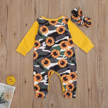 0-2Y Maskēties Infant Baby Girl Rudens Kombinezonus Jaunu garām Piedurknēm Saulespuķu Drukāt Jumpsuit Playsuit Tērpiem Kokvilnas Apģērbs