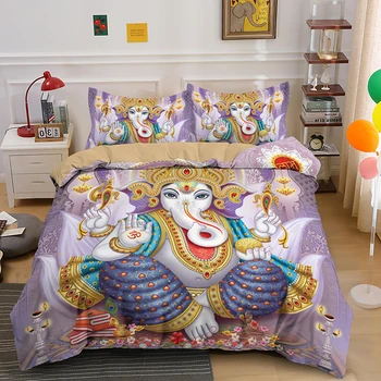 Karstā Pārdot Queen Izmēra Gultas Komplekts Boho Mandala Krāsains Dizains Dievs Ganeša karalis Sega ietver spilvendrāna Indijas Simbolu