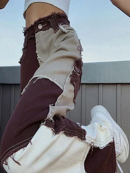 Rudens Vairāku Krāsu Salikuma Džinsi Sieviete Augsta Vidukļa Gadījuma Šauri Slim Taisnas Džinsa Bikses Streetwear Sieviešu Kabatas Bikses