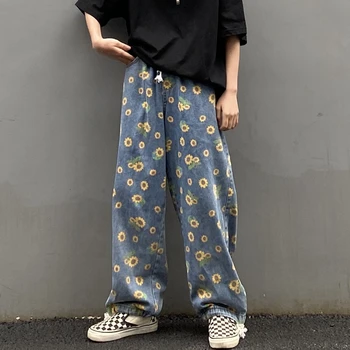 #1510 Vintage Džinsa Džinsi Sievietēm Zaudēt Saulespuķu Iespiesto Plašu Kāju Džinsi Bikses Ilgi Korejas Modes Taisni Džinsi Femme Streetwear
