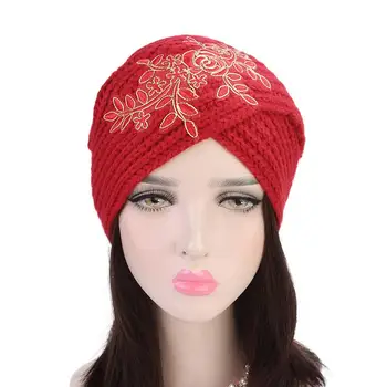 Sieviešu Ziedu Trikotāžas Beanie Cepures Wrap Indija Caps Turban Cepuri Musulmaņu Galvassegas Skullies Islāma Arābu 2019 Ziemas Pārsegs Gadījuma