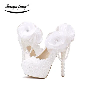 BaoYaFang white flower Sieviešu kāzu kurpes, Līgavu Puse kleita kurpes sieviete augstpapēžu platformas kurpes dāmas roku darbs Mežģīnes kurpes